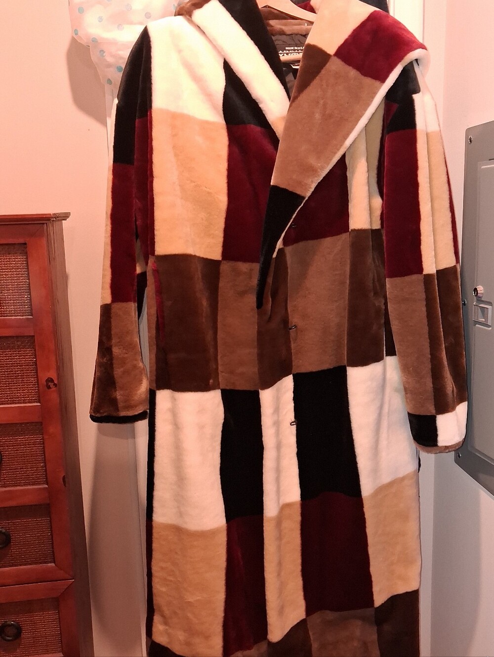 Olympia Activewear Patchwork Teddy Coat in Burgundy, Brown, Black & Cream